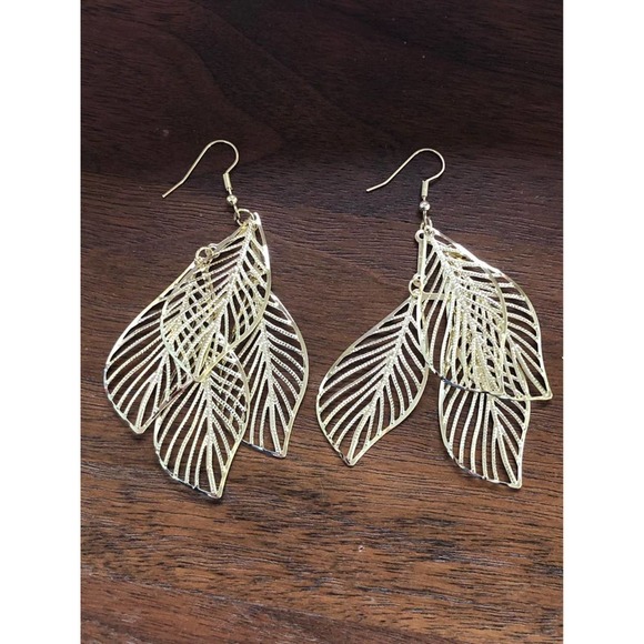 Flowy Gold-Tone Leaf Leaves Dangle Wire Hook Earrings (#31) - Picture 1 of 2